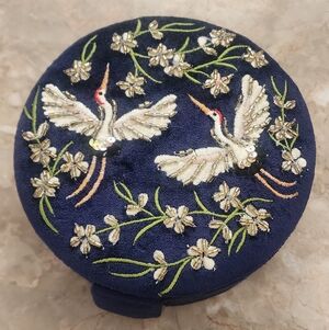 Embroidered Round Blue Velvet Jewlery Box 6inches